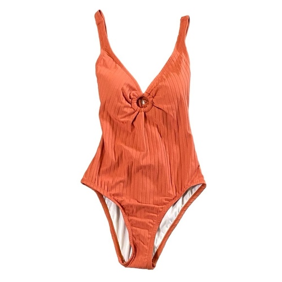 Kona Sol Ribbed Ring Front One Piece Swimsuit Cinnamon Orange Small NWT - Picture 3 of 7